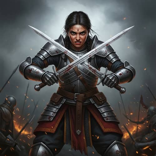 Warlike Girl in Torn Armor with Swords