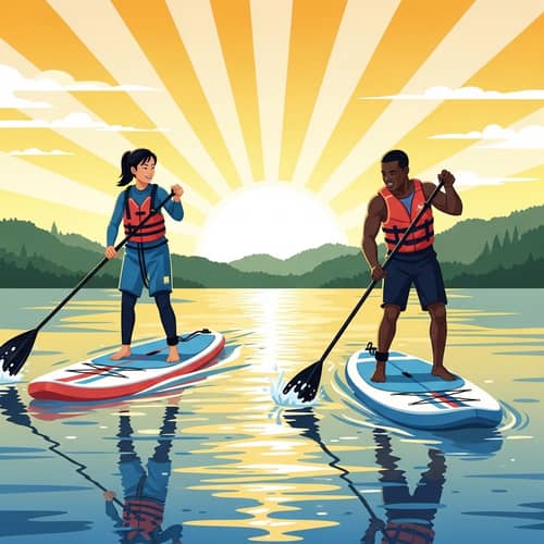 Paddleboarding Illustration: Asian Woman and Black Man on Glittering Lake