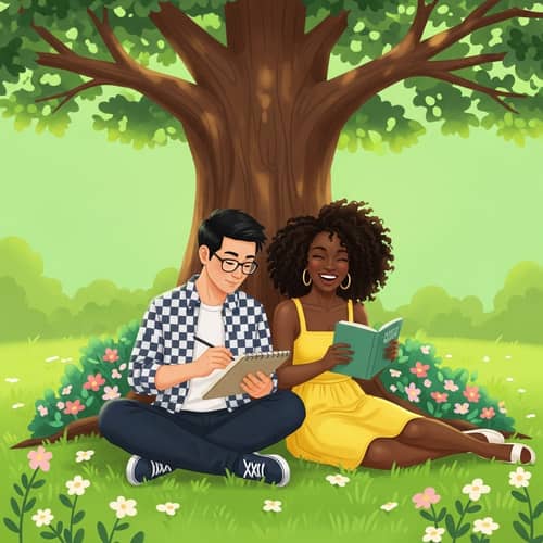 Serene Afternoon in Lush Green Park with East Asian Man and Black Woman