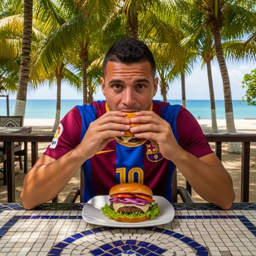 Male Soccer Player Enjoying Burger in Costa Rica - Central American Paradise Scene