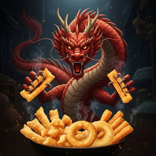 Intricate Chinese Red Dragon with Hot Fried Snacks in Dimly Lit Environment