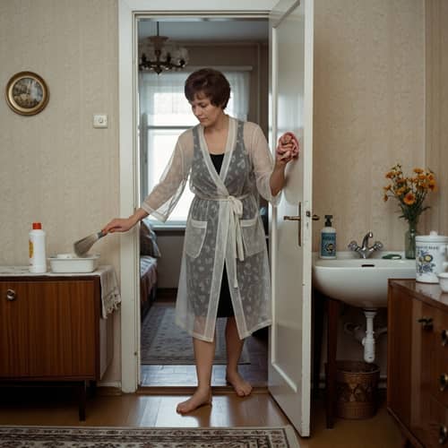 Vintage Photograph of a 1978 Moscow Housewife Cleaning Apartment