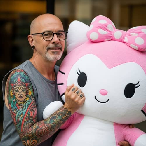Middle-Aged Man with Glasses and Tattoo Standing by Cartoon Cat Plush Toy