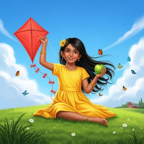 Young South Asian Girl on Hill with Kite and Apple