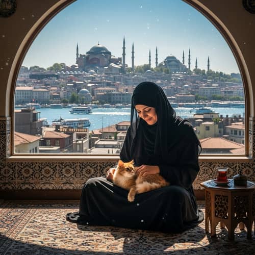 Middle-Eastern Woman in Niqab Petting Cat in Istanbul