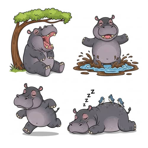Cute Hippo Poses Vector | Playful, Adorable Hippopotamus Illustrations