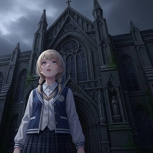 Blonde-Haired Korean Student Girl Looking Fearfully Upwards