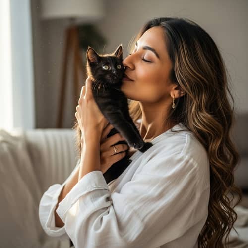 South Asian Woman Kissing Black Kitten | Lovely Image