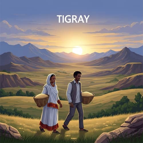 Tigray, Ethiopia Landscape at Sunrise with Local Farmers