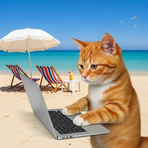 Orange Cat Typing on Laptop by the Seaside