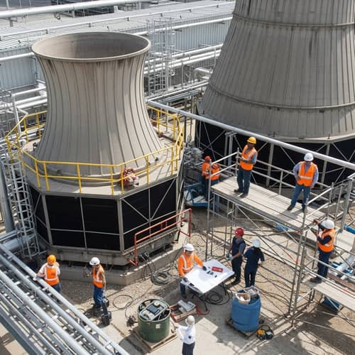 Diverse Workforce in Industrial Process | Cooling Tower and Heavy Machinery