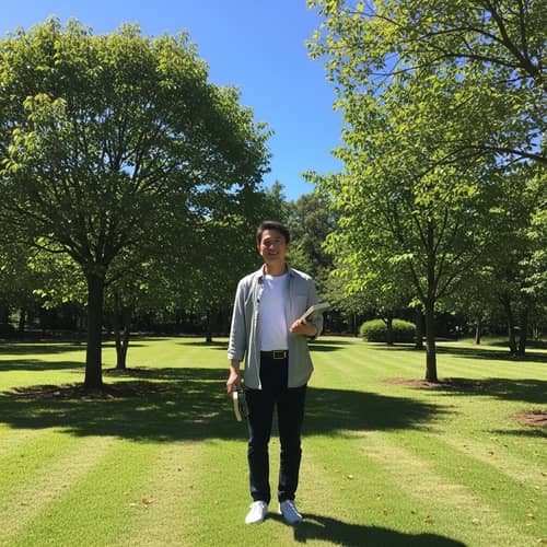 Midday Portrait: Asian Man in Park with Book and Glasses