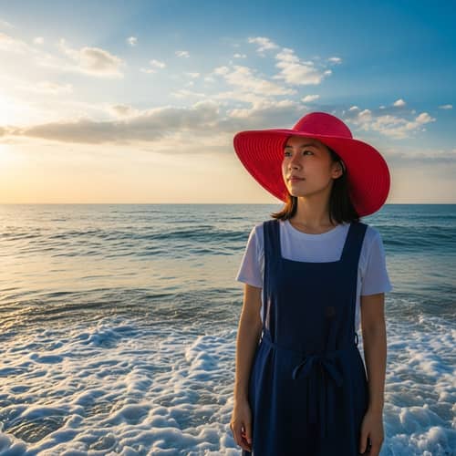 Asian Girl in Red Hat by the Sea | Sunset Beauty