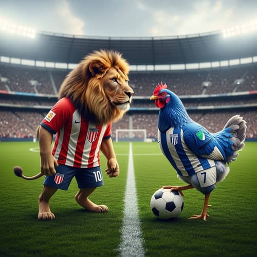 Lion in Santa Fe Jersey, Chicken in Millonarios Jersey