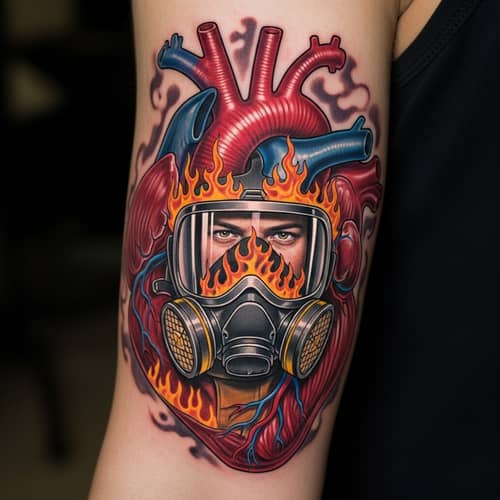 Heart Muscle Tattoo with Firefighter in Respirator Mask