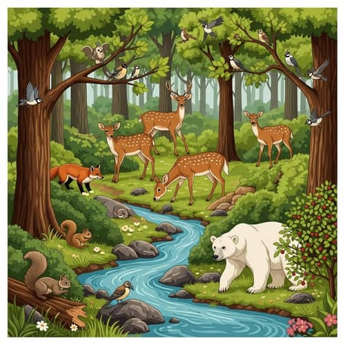 Bustling Forest Ecosystem with Wildlife Harmony
