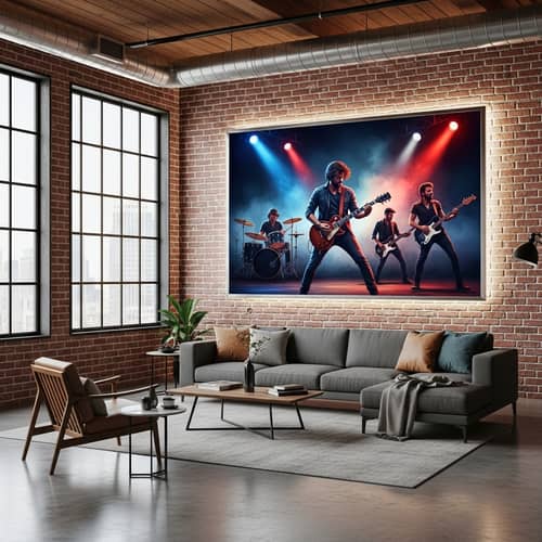 Loft-Style Room with Exposed Brick Walls and Illuminated Rock Band Art Piece