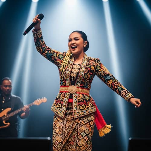 Vibrant Stage Performance by Pop Singer in Traditional Indonesian Outfit