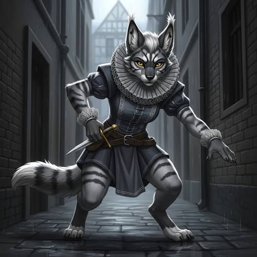 Grey Tabaxi Female Rogue with Elizabethan Collar