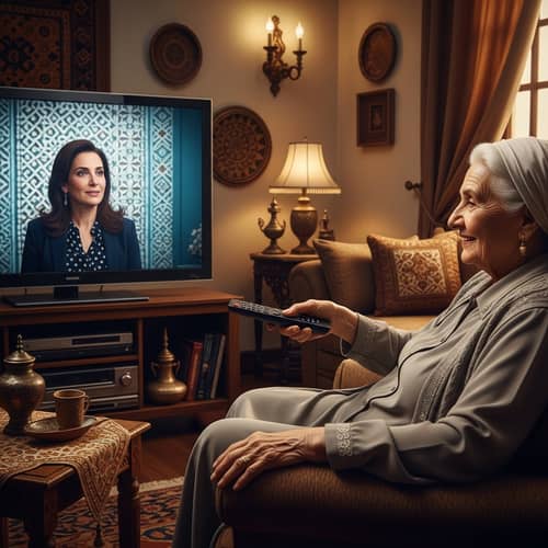 Middle-Eastern Grandmother Enjoying Favorite TV Show