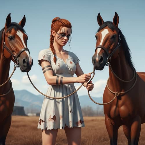 Apocalyptic Future Game: Red-Haired Heroine Freeing Horses