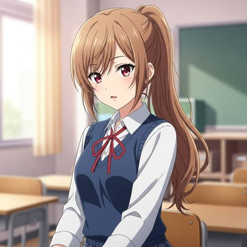 Anime-Styled Teenager with Light Brown Hair and Red Eyes