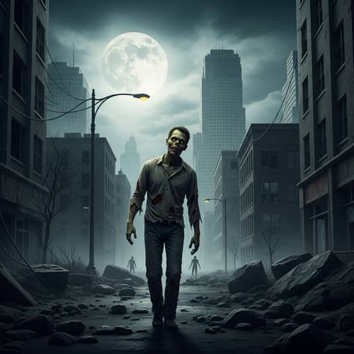 Eerie Post-Apocalyptic Cityscape with a Staggering Zombie