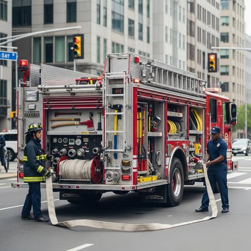 Urban Firefighters: Red Fire Truck in City Street