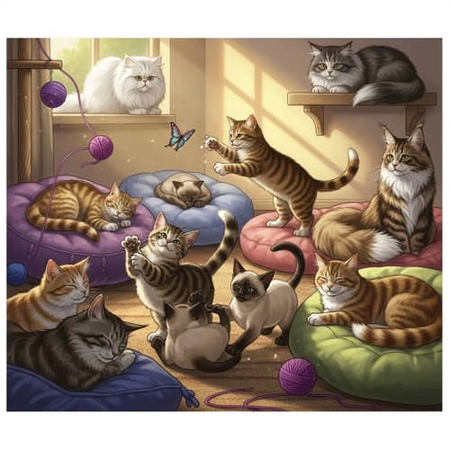 Cat Breeds Enjoying Various Activities in Sunlit Room