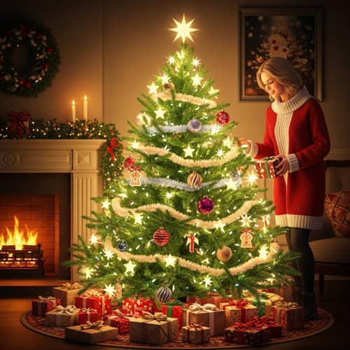 Festive Christmas Tree Celebration with Joyful Decorations