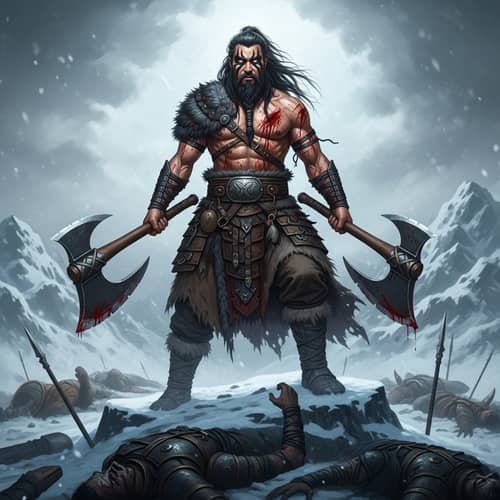 Fearsome Asian Male Warrior with Dual Axes on Snowy Mountain