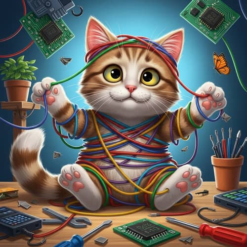 Playful Cat Tangled in Colorful Wires