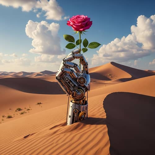 Mechanical Hand Holding Rose in Desert - Surreal Nature-Tech Narrative