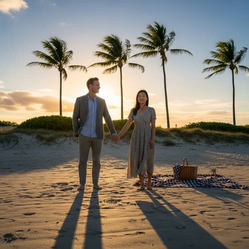Romantic Sunset Beach Picnic Date - Happy Couple in Silhouette