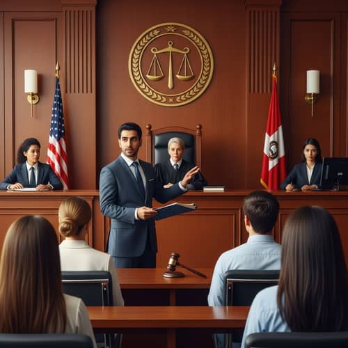 Diverse Courtroom Scene with Middle-Eastern Lawyer Presenting Case