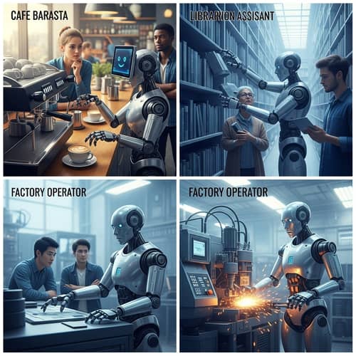 Futuristic Robot Performing Various Occupations Amidst Humans