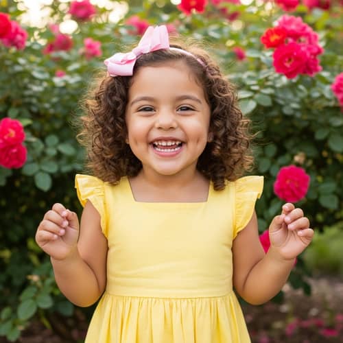 Smiling Hispanic Girl in Yellow Sundress by Rose Bush