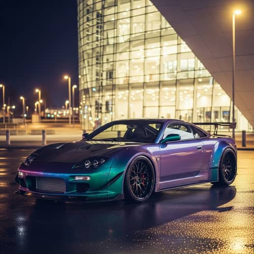 Sleek Metallic Blue Sports Car in Urban Setting at Night