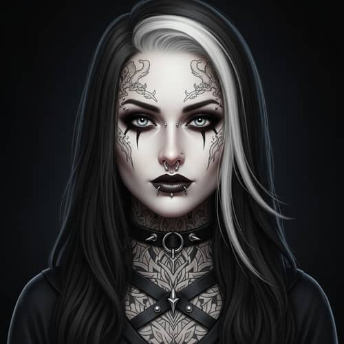 Stunning Goth Woman with Dark Hair, White Streak, Piercings & Tattoos