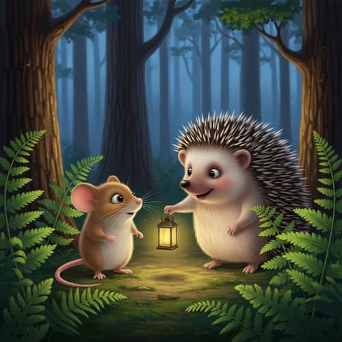 Chubby Mouse Lost in Woodland Guided by Wise Hedgehog