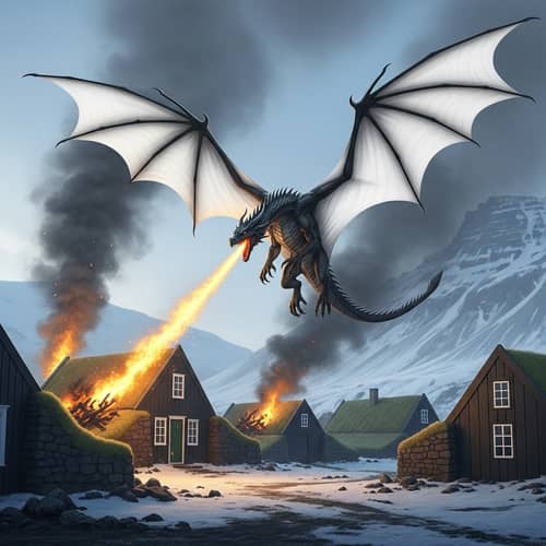 Black Dragon with White Wings Destroying Village in Iceland