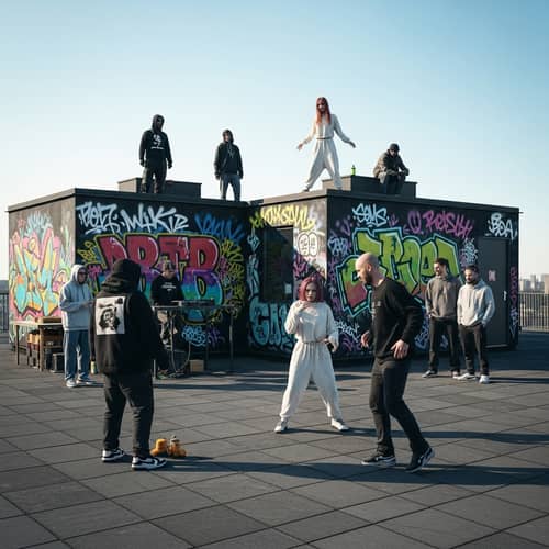 Roofop Graffiti Walls: Hipster Baggy Clothes Daytime Scene