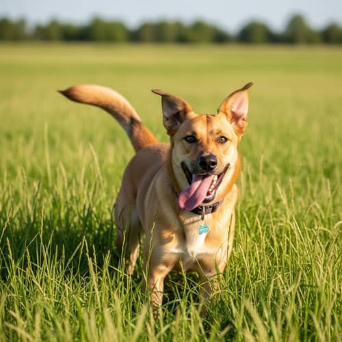Happy Tan Dog Playing in Green Grass Field