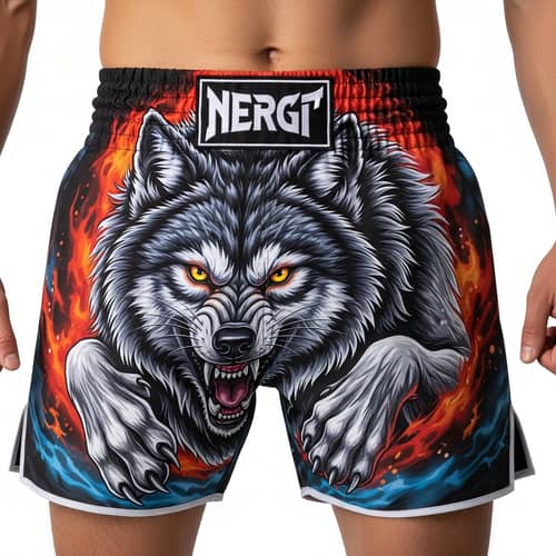 Vibrant Muay Thai Trunks with Intricate Wolf Design
