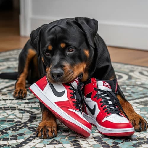Playful Rottweiler Dog Chewing on Colorful Jordan Sneakers