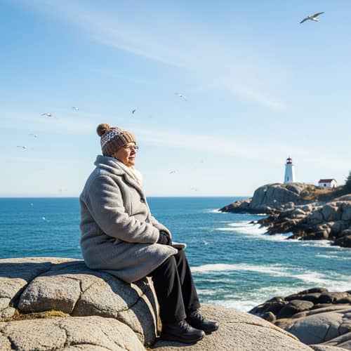 Elderly Hispanic Individual Contemplating at Peggy's Cove