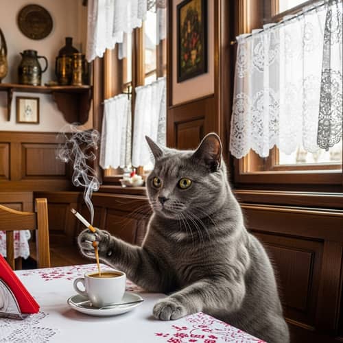 Anthropomorphic Gray Cat in Traditional Polish Restaurant