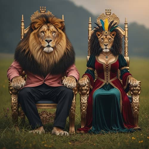 Majestic Lion and Lioness of Ecuadorian Descent in Regal Attire