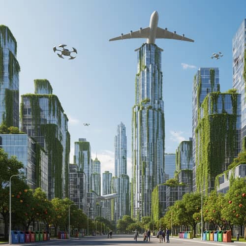 Futuristic Urban Landscape: Glass Skyscrapers & Flying Cars