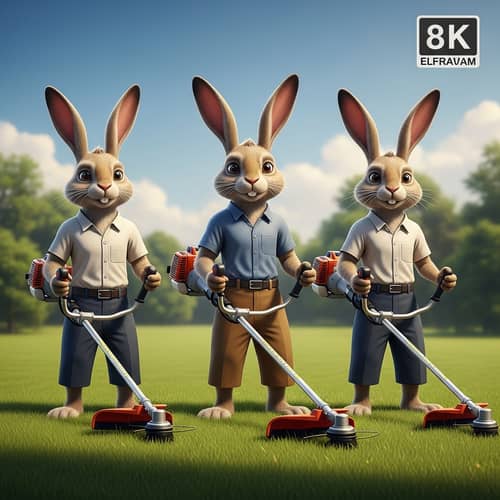 Anthropomorphic Hares Lawn Care | Realistic 8K Illustration